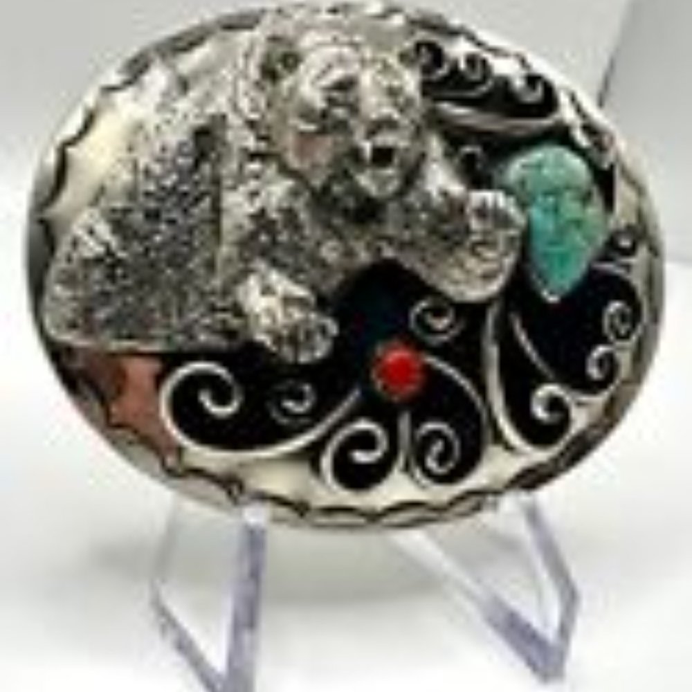 Vintage Handcrafted Navajo Belt Buckle Buffalo Nickle Turquoise Bear Men Women